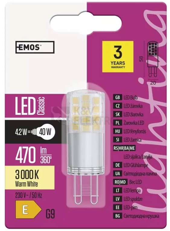Obrázek produktu LED žárovka G9 EMOS 4,2W (40W) teplá bílá (3000K) 2