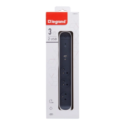 Prodlužovací kabel 1,5m 3zásuvky USB A+C přepěťová ochrana Legrand 49416 bílá/tmavě šedá (obrázek 5)