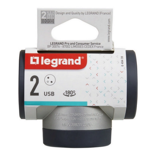 Rozdvojka otočná 2x2P+T USB A+C Legrand 49439 hliník/tmavě šedá
