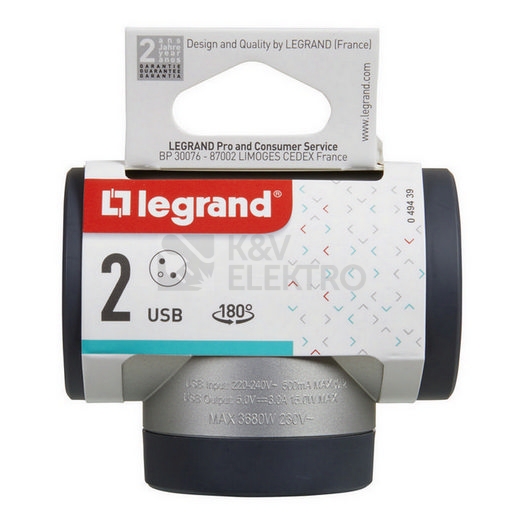 Obrázek produktu Rozdvojka otočná 2x2P+T USB A+C Legrand 49439 hliník/tmavě šedá 1