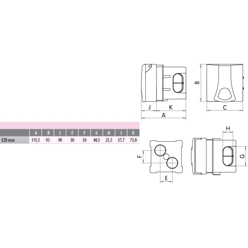 Zásuvka zapuštěná ETI EZB 3253 32A/400V/5P IP44 004482101 (obrázek 2)