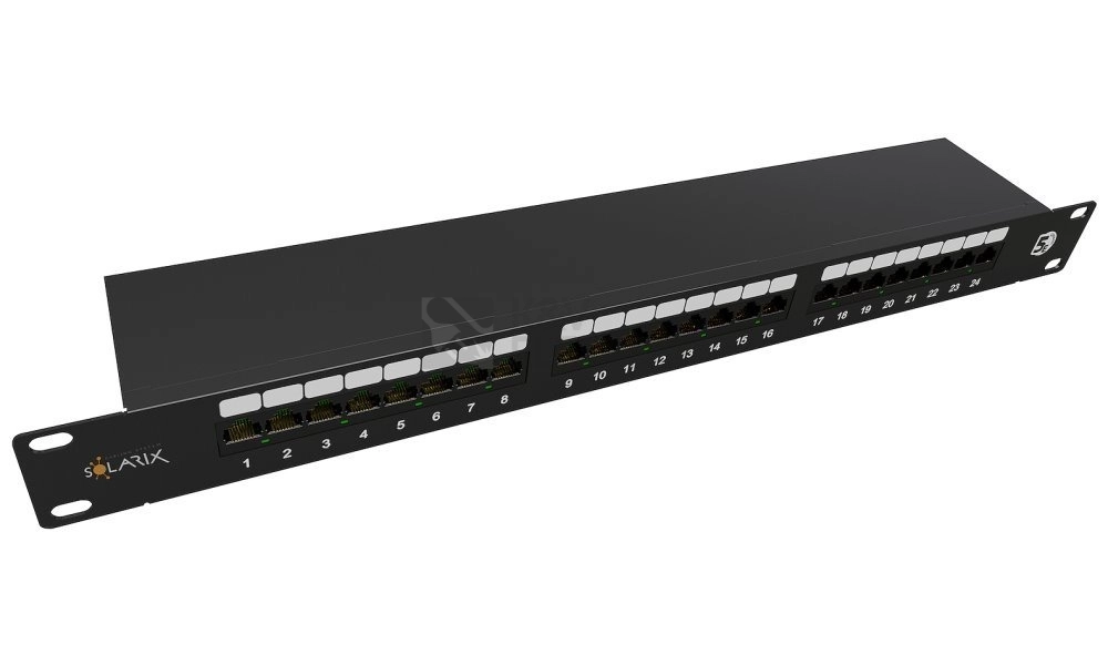 Obrázek produktu Patch panel Solarix SX24-5E-STP-BK-N 24x RJ45 CAT5E STP 1U s vyvazovací lištou 0
