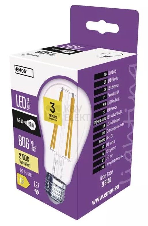 Obrázek produktu LED žárovka E27 EMOS Filament 5,9W (60W) teplá bílá (2700K) ZF5140 2