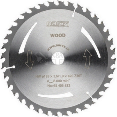 Pilový kotouč na dřevo Narex 185X1.6/1.0X20 Z 36T pro CPK 65 - 36 zubů 65405832