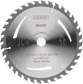 Obrázek produktu Pilový kotouč na dřevo Narex 185X1.6/1.0X20 Z 36T pro CPK 65 - 36 zubů 65405832 0