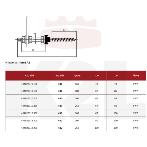 Nerezový kombišroub M10x250 + montážní díl + 3x matice s ozubením + EPDM podložka