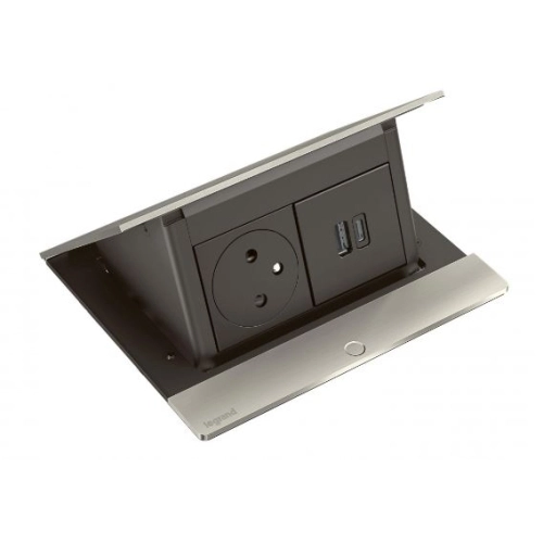 Výklopný zásuvkový blok Incara POPUP Legrand 654816 broušený hliník osazená zásuvka + nabíječka USB A+C včetně kabelu 2m s vidlicí