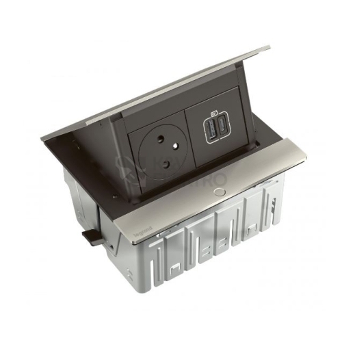 Krabice Incara POPUP Legrand 654816 broušený hliník osazená zásuvka + nabíječka USB A+C včetně kabelu 2m s vidlicí