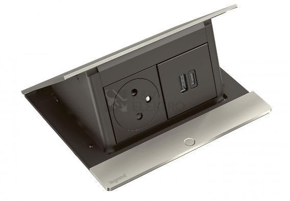 Obrázek produktu  Výklopný zásuvkový blok Incara POPUP Legrand 654816 broušený hliník osazená zásuvka + nabíječka USB A+C včetně kabelu 2m s vidlicí 1