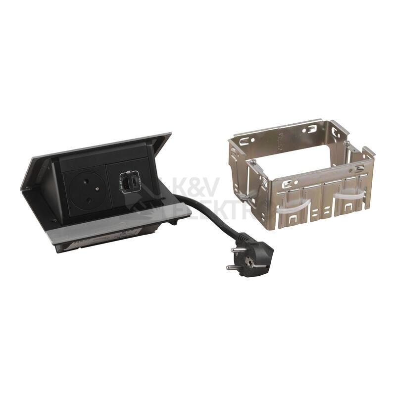 Obrázek produktu  Výklopný zásuvkový blok Incara POPUP Legrand 654816 broušený hliník osazená zásuvka + nabíječka USB A+C včetně kabelu 2m s vidlicí 3