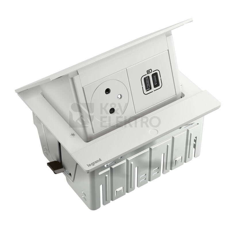 Obrázek produktu  Výklopný zásuvkový blok Incara POPUP Legrand 654817 bílá osazená zásuvka + nabíječka USB A+C včetně kabelu 2m s vidlicí 0