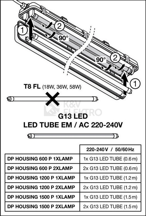 Obrázek produktu Zářivka LEDVANCE Damp Proof 600mm IP65 G13 pro dvě LED trubice T8 5
