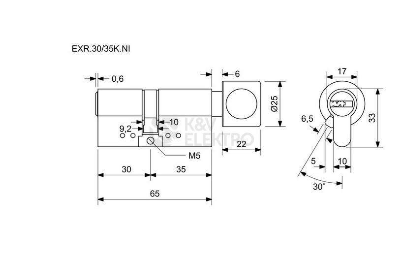 Obrázek produktu Bezpečnostní knoflíková 10stavítková zámková vložka s ocelovou tyčí proti rozlomení. Richter EXR.30/35K.NI 1