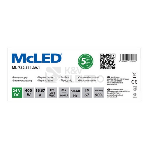 Obrázek produktu LED napájecí zdroj McLED 24VDC 16,67A 400W ML-732.111.39.1 3