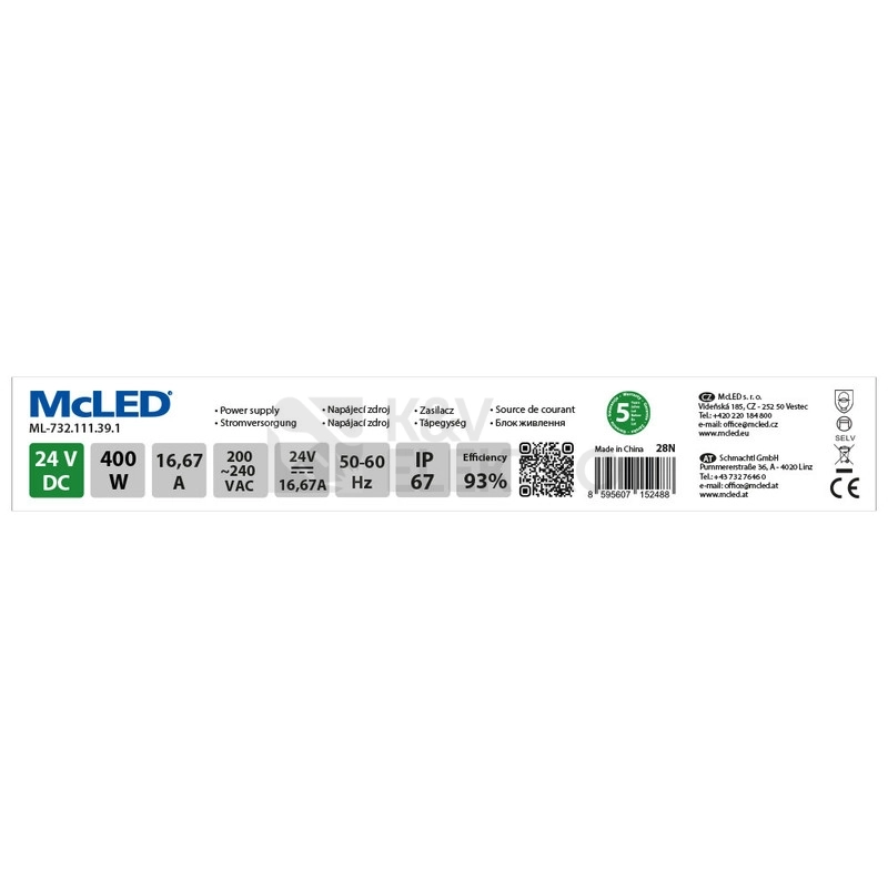 Obrázek produktu LED napájecí zdroj McLED 24VDC 16,67A 400W ML-732.111.39.1 3