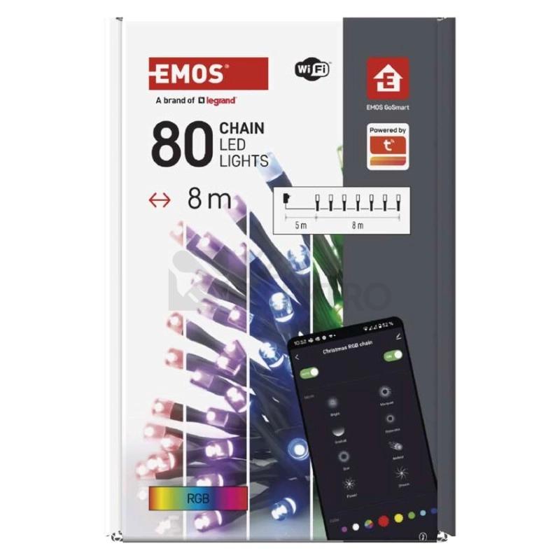 Obrázek produktu Vánoční osvětlení EMOS GoSmart (WiFi) D4ZR01 80LED řetěz 8m RGB 64 programů s časovačem 1