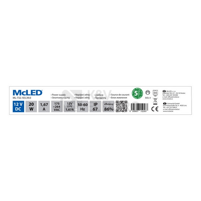 Obrázek produktu LED napájecí zdroj McLED 12VDC 1,67A 20W ML-732.103.39.0 3