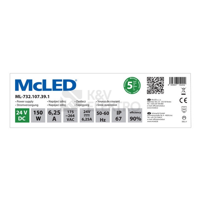 Obrázek produktu LED napájecí zdroj McLED 24VDC 6,25A 150W ML-732.107.39.1 3