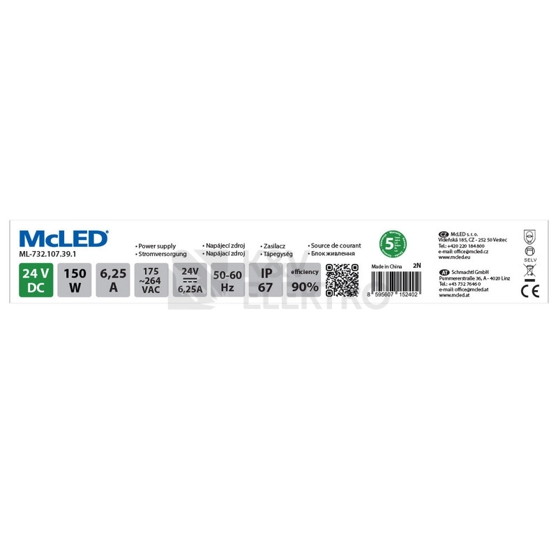 Obrázek produktu LED napájecí zdroj McLED 24VDC 6,25A 150W ML-732.107.39.1 3