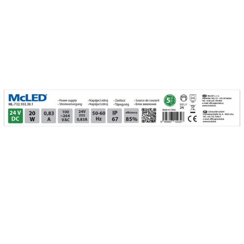 LED napájecí zdroj McLED 24VDC 0,83A 20W ML-732.103.39.1