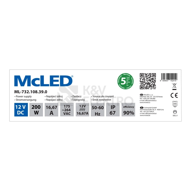 Obrázek produktu LED napájecí zdroj McLED 12VDC 16,67A 200W ML-732.108.39.0 3