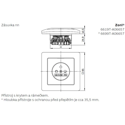 ABB Zoni zásuvka matná bílá 6619T-A06657 240 s clonkami (2CHT196657A4240) (obrázek 3)