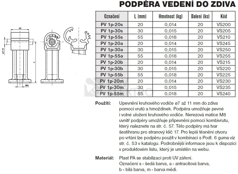 Obrázek produktu Podpěra vedení PV 1p-20s TREMIS VS200 šedá (20ks) 1