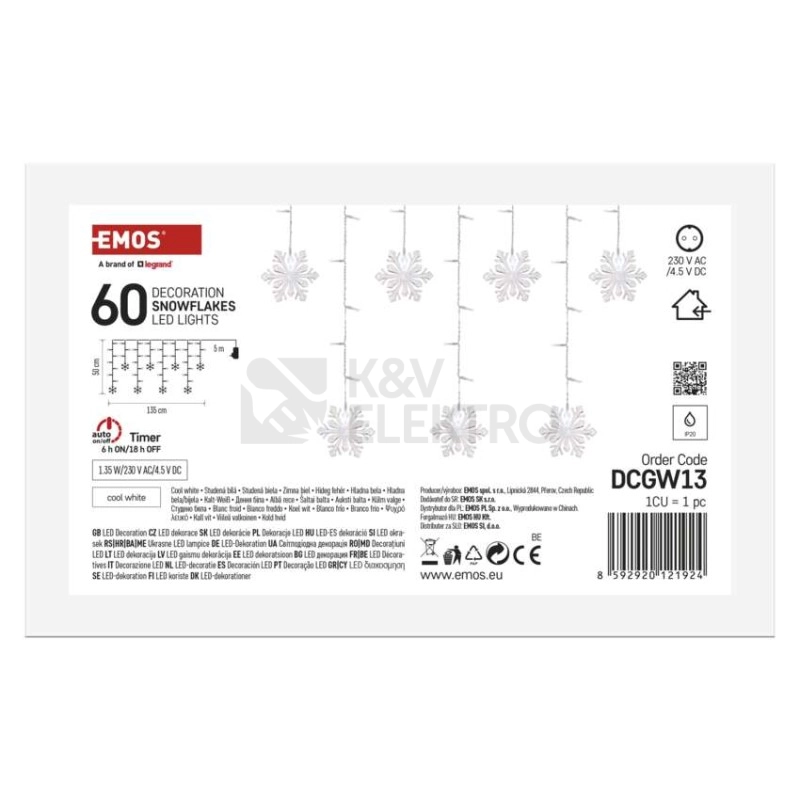 Obrázek produktu LED vánoční závěs EMOS DCGW13 vložky 150x55cm vnitřní použití studená bílá s časovačem 5