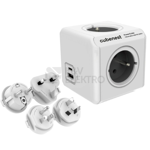Cubenest PowerCube Rewirable USB A+C PD 20W 4xzásuvka 1xUSB-A 1x USB-C se sadou cestovních koncovek