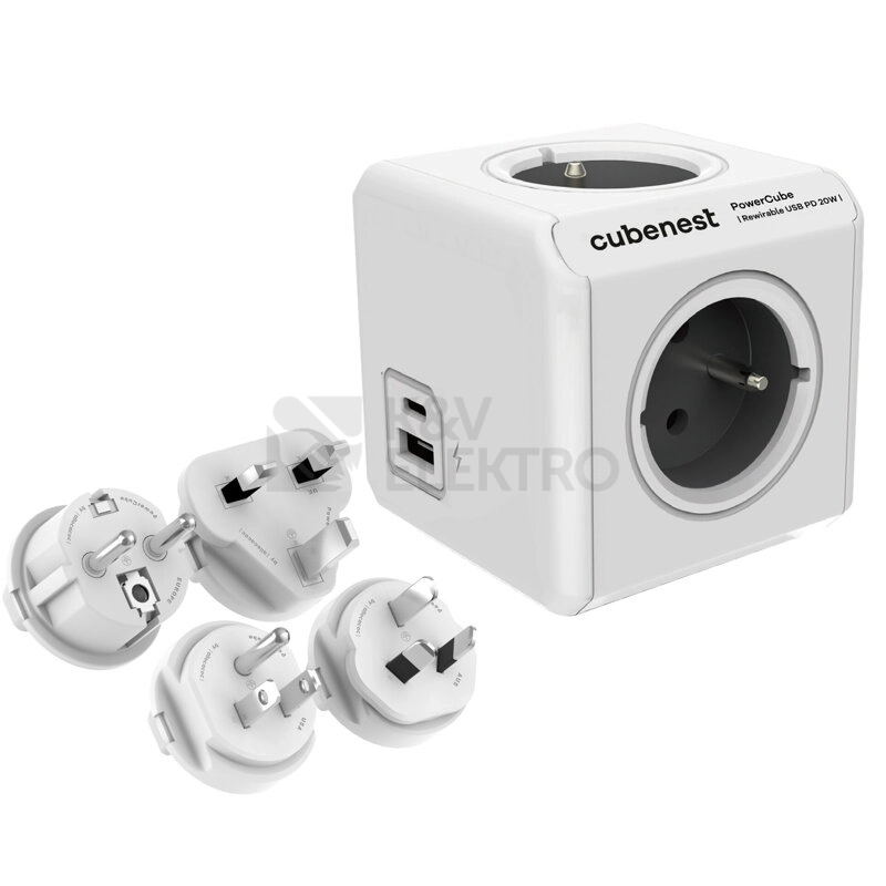 Obrázek produktu Cubenest PowerCube Rewirable USB A+C PD 20W 4xzásuvka 1xUSB-A 1x USB-C se sadou cestovních koncovek 0