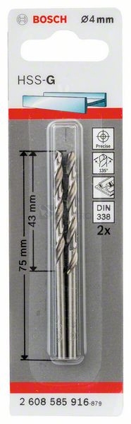 Obrázek produktu Vrtáky do kovu 4,0mm HSS-G DIN338 blistr 2ks Bosch 2.608.585.916 0