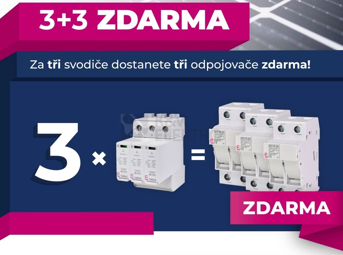 Obrázek produktu Svodič přepětí ETI ETITEC EM T12 PV 1100/6,25 Y 002440580 DC T1+T2 promobalení 3ks + ZDARMA 3ks odpínač válcových pojistek CH10x38 g PV ETI EFH 10 DC 2P 1000VDC 25A 002540203 0