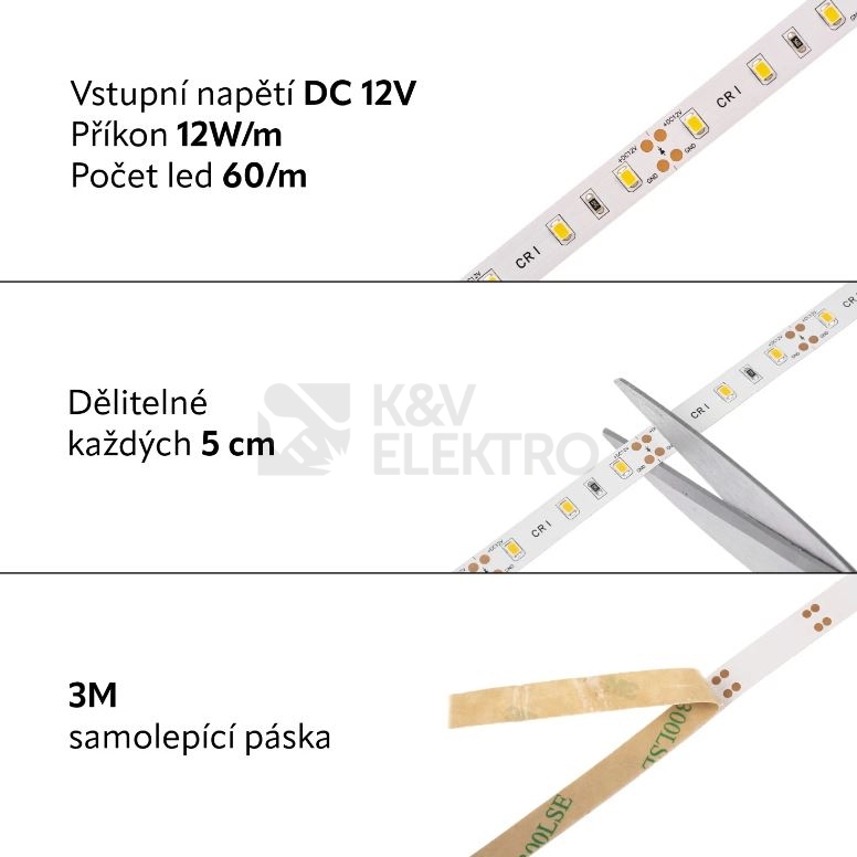 Obrázek produktu LED pásek CRI-300 12V 12W/m teplá bílá CRI91 š=10mm 07721 (délka 5m) 2