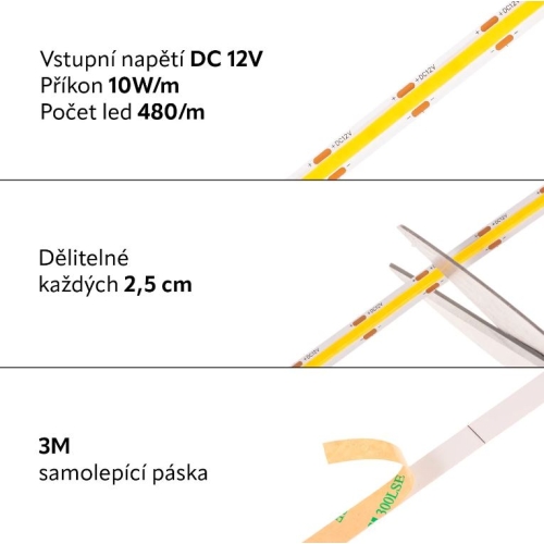 LED pásek 12COB10 12V 10W/m teplá bílá CRI90 š=8mm 078091