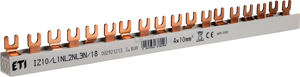 Obrázek produktu  Propojovací lišta ETI IZ10/L1NL2NL3N/18 3p+N (L1,N-L2,N-L3,N) 002921213 0