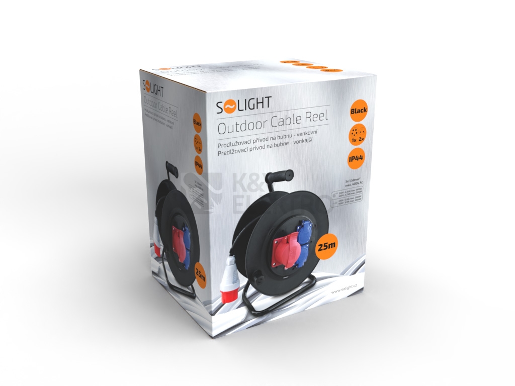 Obrázek produktu Prodlužovací přívod - na bubnu zásuvky 400V + 230V 25m kabel guma-neopren 5x1,5mm2 IP44 Solight PB40 3