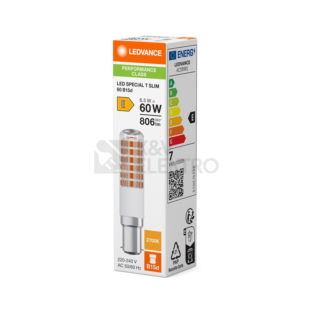 Obrázek produktu LED žárovka B15d LEDVANCE PERFORMANCE SPECIAL T SLIM 6,5W (60W) teplá bílá (2700K) 1