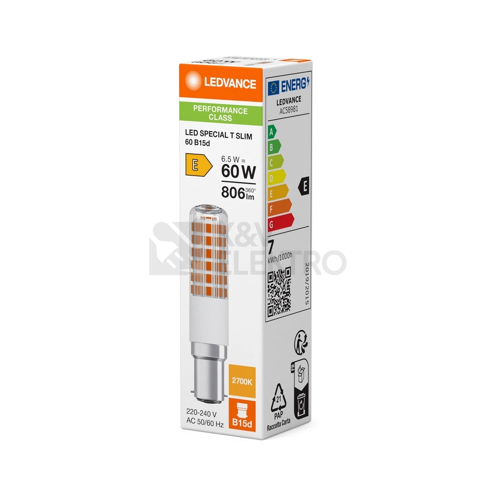Obrázek produktu LED žárovka B15d LEDVANCE PERFORMANCE SPECIAL T SLIM 6,5W (60W) teplá bílá (2700K) 1