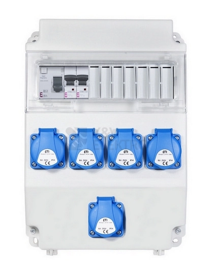Obrázek produktu Zásuvková skříň ETI EDS11 RCD 5 B IP54 5x230V jištěná s chráničem 001105250 0