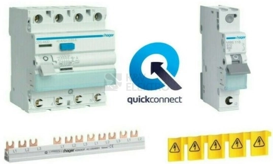 Obrázek produktu Balíček Hager quickconnect proudový chánič s jističi (1ks CDS425D + 4ks MBS116 + 4ks MBS110 + 1ks KDN363F + 1ks KZ059) 0