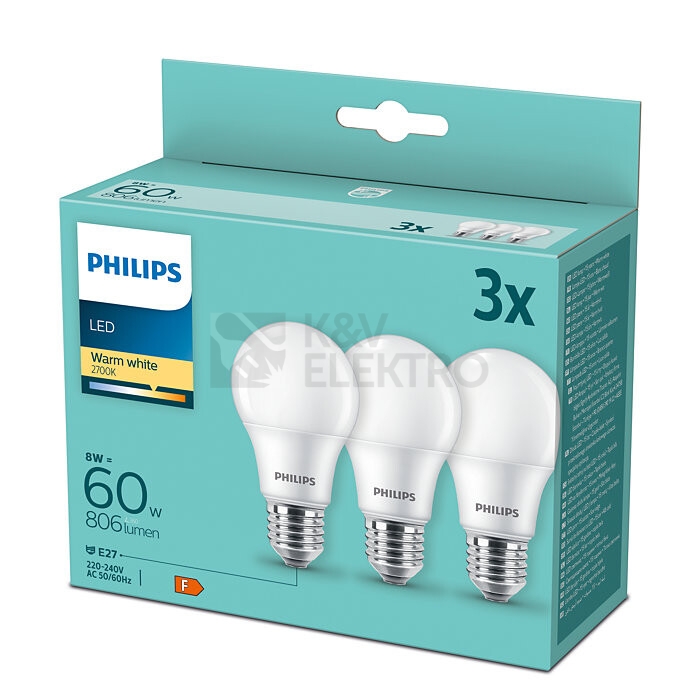 Obrázek produktu LED žárovky E27 Philips A60 8W (60W) teplá bílá (2700K) 3ks 0