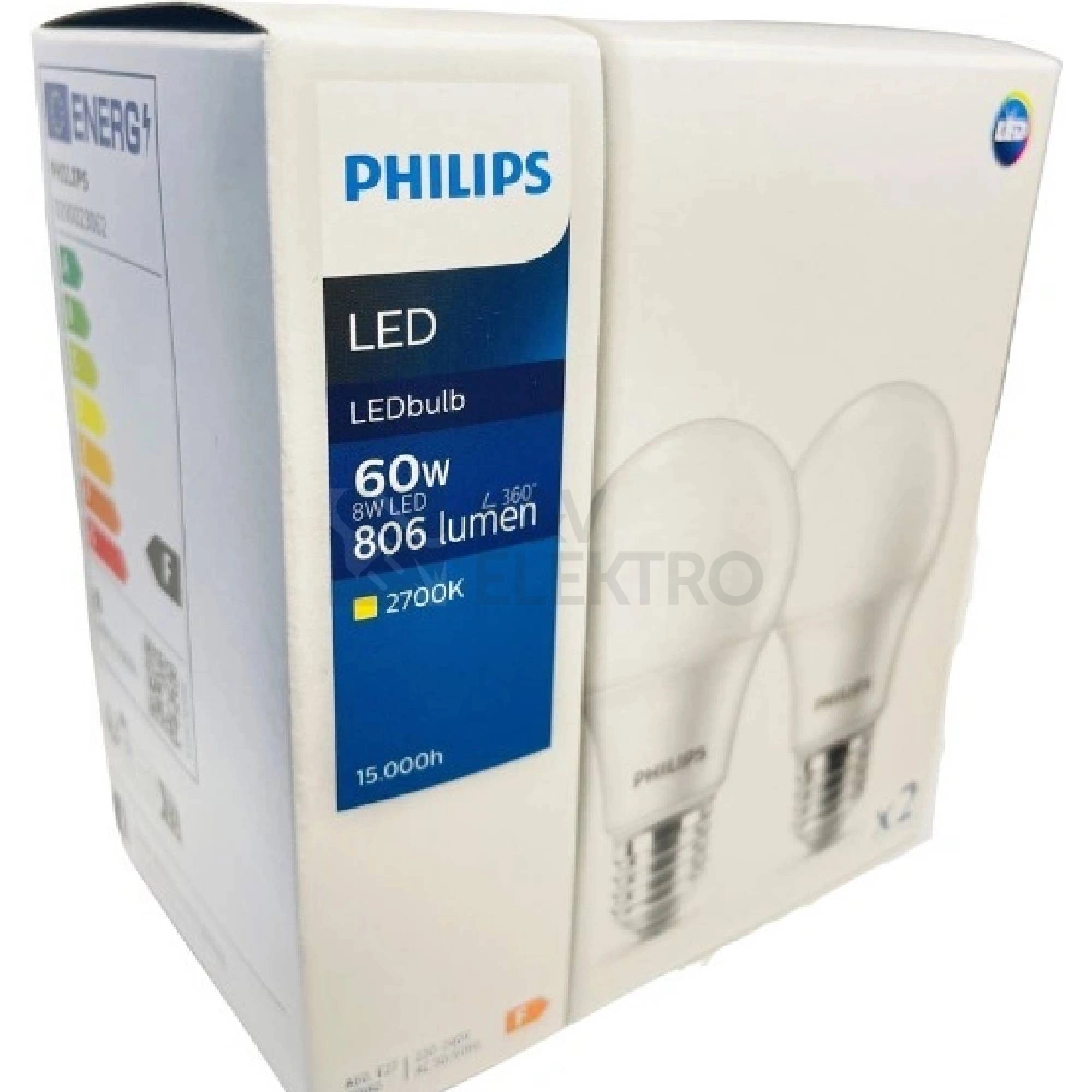 Obrázek produktu LED žárovky E27 Philips A60 8W (60W) teplá bílá (2700K) 2ks 0