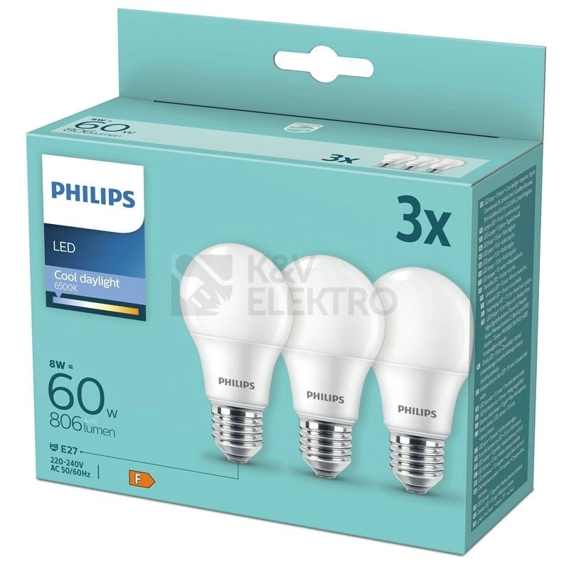 Obrázek produktu LED žárovky E27 Philips A60 8W (60W) studená bílá (6500K) 3ks 0