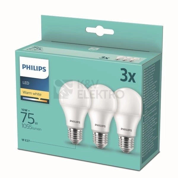 Obrázek produktu LED žárovky E27 Philips A60 10W (75W) teplá bílá (2700K) 3ks 0