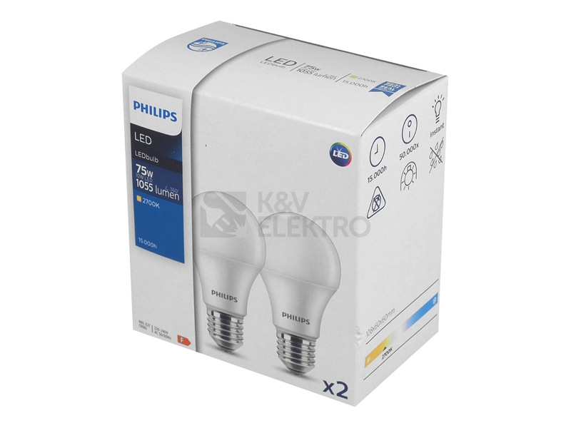 Obrázek produktu LED žárovky E27 Philips A60 10W (75W) teplá bílá (2700K) 2ks 0