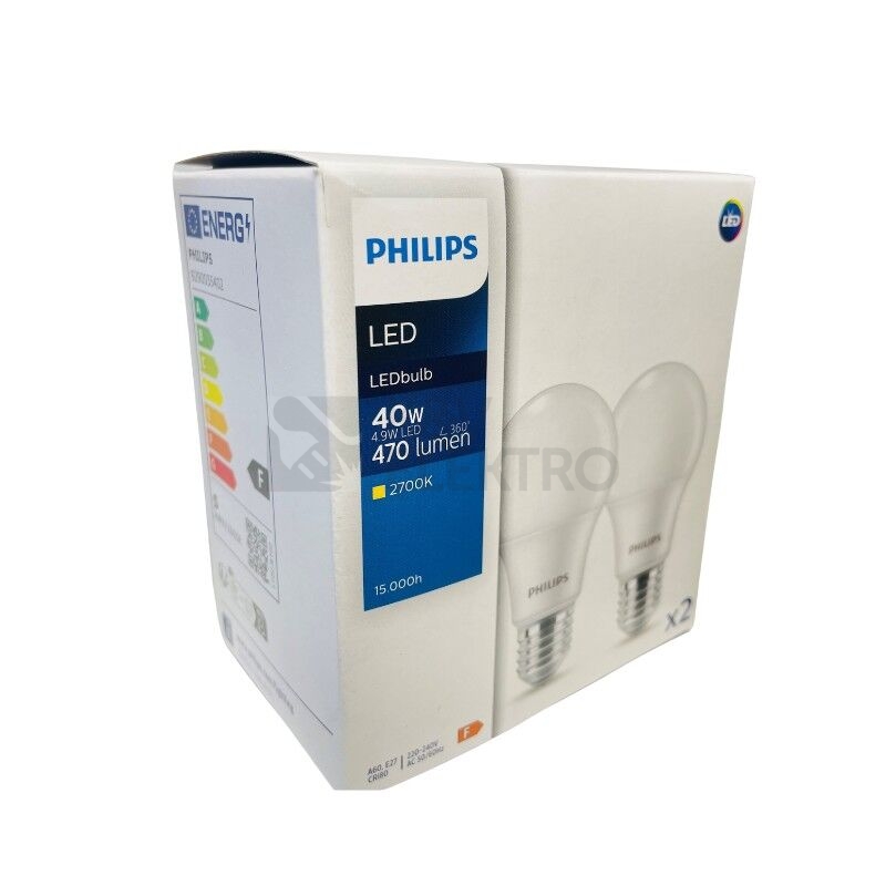 Obrázek produktu LED žárovky E27 Philips A60 4,9W (40W) teplá bílá (2700K) 2ks 0