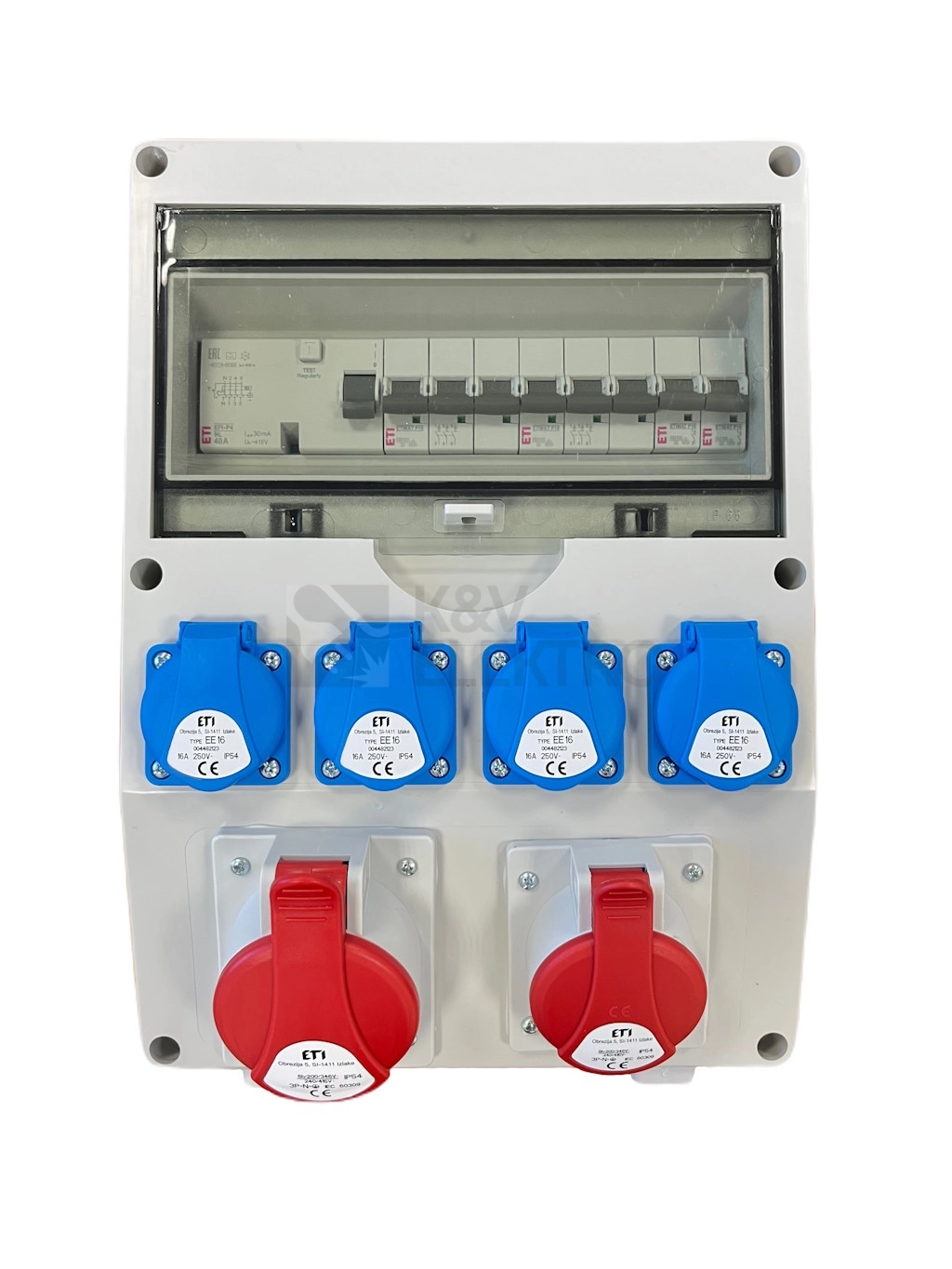 Obrázek produktu Zásuvková skříň ETI EDS12 RCD 4/2 16/32 B+C IP54 4x230V 1x400V/32A/5p 1x400V/16A/5p 004483501 0
