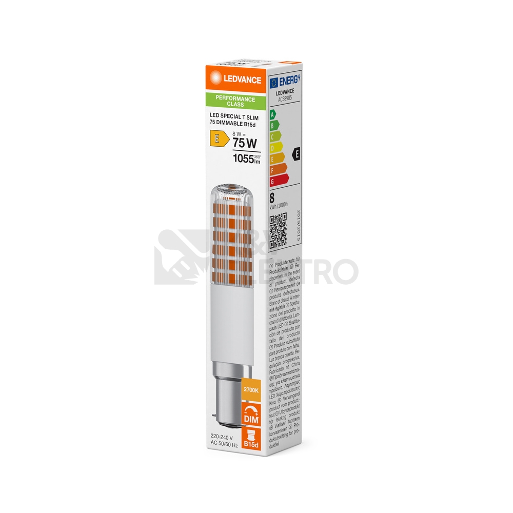 Obrázek produktu LED žárovka B15d LEDVANCE PERFORMANCE SPECIAL T SLIM 8W (75W) teplá bílá (2700K) 1