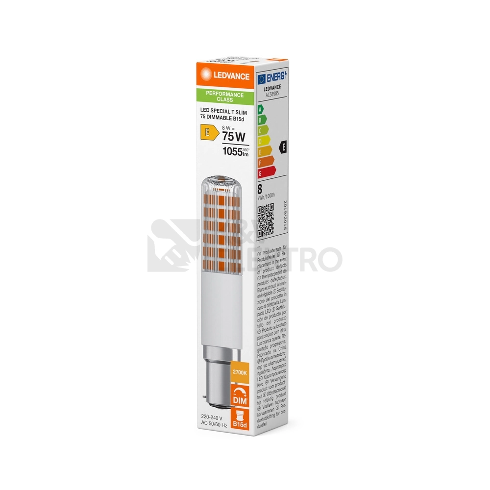 Obrázek produktu LED žárovka B15d LEDVANCE PERFORMANCE SPECIAL T SLIM 8W (75W) teplá bílá (2700K) 1