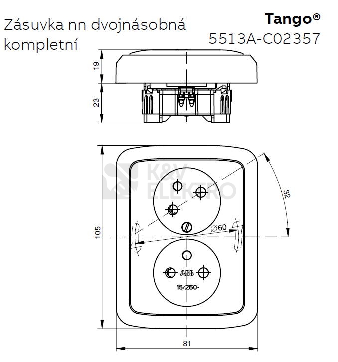 Obrázek produktu ABB Tango dvojzásuvka bílá 5513A-C02357 B s clonkami PROMO balení 9+1 2